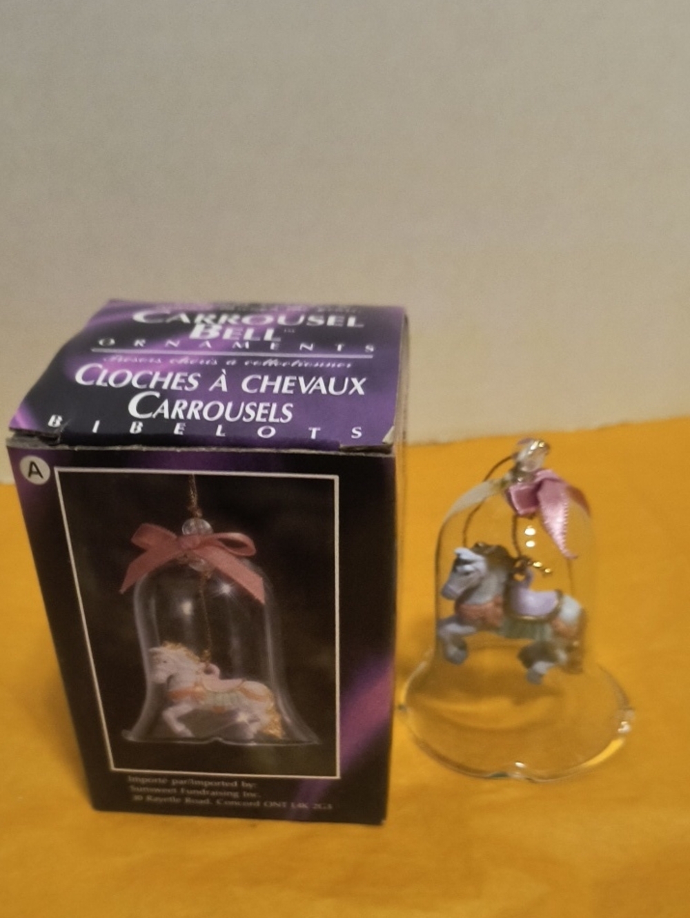 Carousel Bell Ornament with Pink Ribbon - Glass Horse Decoration B1 2 inch